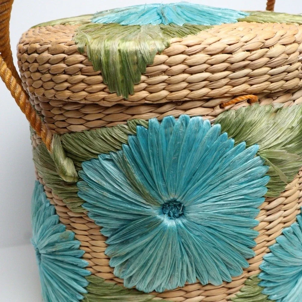 VTG Handmade Straw Raffia Woven Basket with Handle & Lid‎ Floral Boho MCM